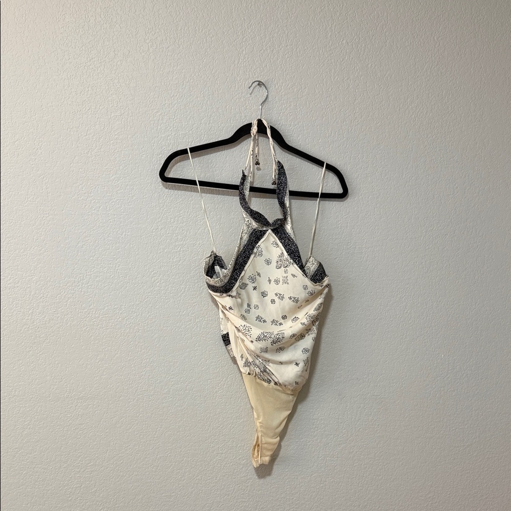 Free People Black and Cream Patterned Bodysuit